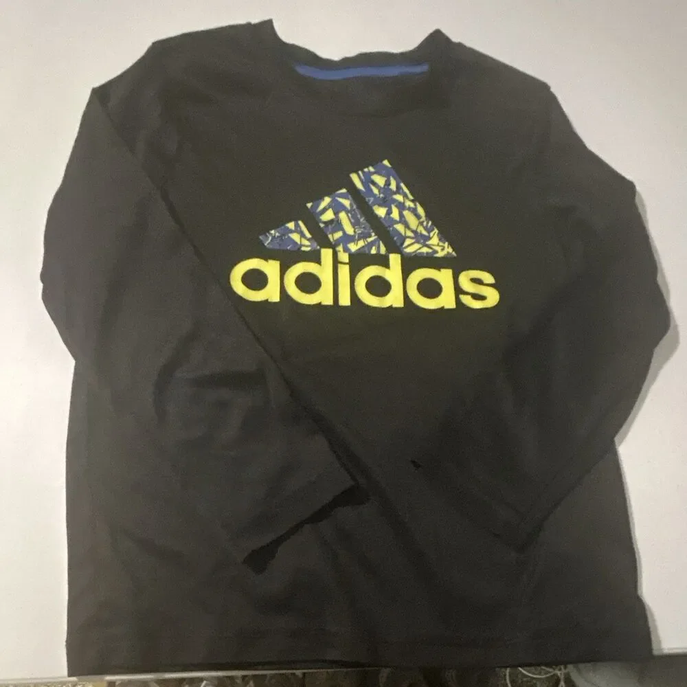 Adidas Boys Long Sleeve Tops: Black Logo Tee & Blue Hooded, Size 6